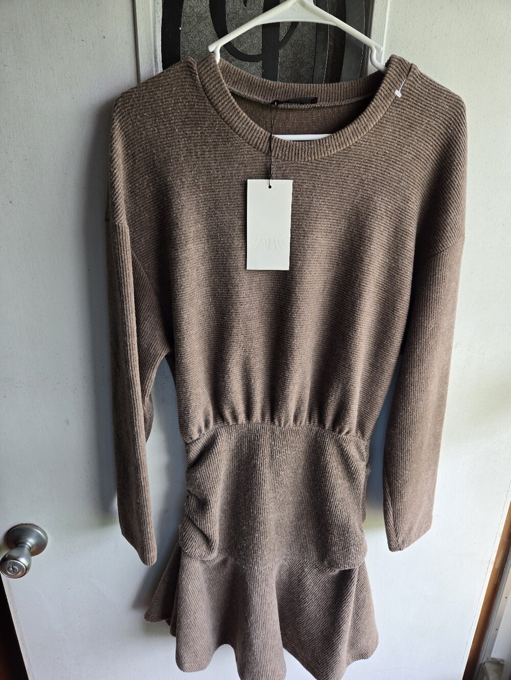 Zara Taupe Knit Long-Sleeve Rouched Waist-NWT